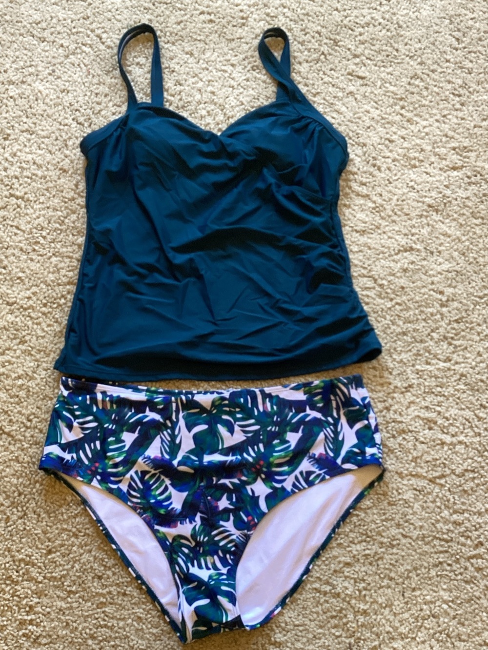 Teal Tankini Top with Tropical Print High-Waist Bikini Bottom